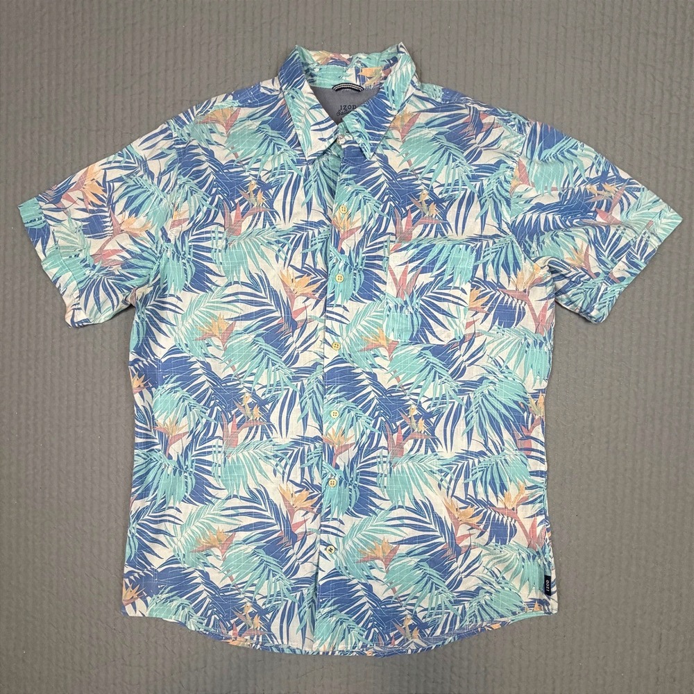 IZOD Saltwater Men XL Blue Tropical Bird of Paradise Palm Cotton Button Down